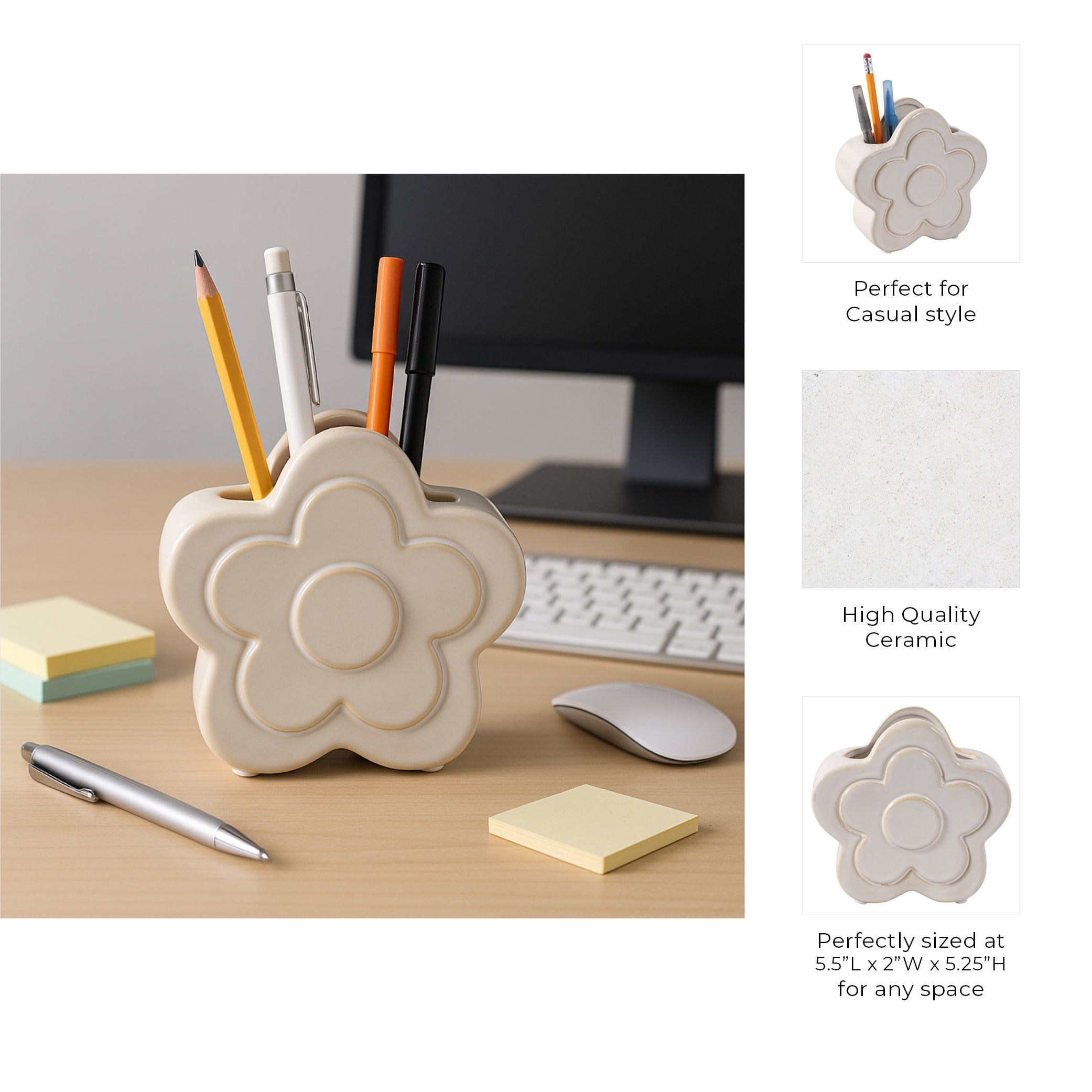 Decorative Ceramic Flower Shape Desktop Organizer for Home Decor - Small Desk Organizer for Office, Workspaces, or Storage - Stylish Office Accessory Decor for Bedroom or Bathroom - 6", Ivory & White