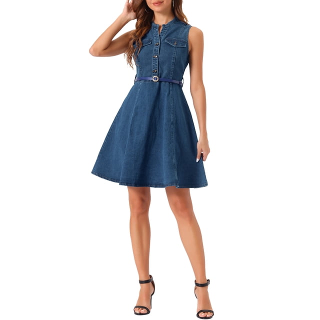 INSPIRE CHIC Vestido de Camisa Sin Mangas de Mezclilla para Mujeres con Cuello en V y Cinturón, Corte Ajustado y Amplio, Talla M, Azul Mezclilla