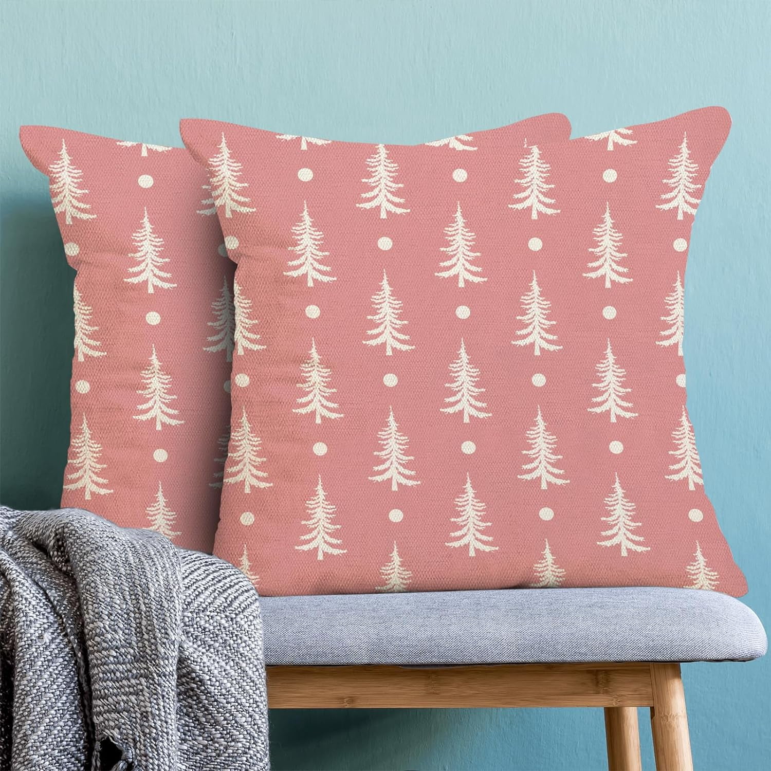 Christmas Pillow Covers 18x18 Set of 2, Christmas Tree Pink Throw Pillow Covers Linen Farmhouse Vintage Winter Christmas Decor Cushion Case Christmas Home Decor for Couch Sofa Indoor Outdoor