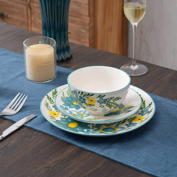 Ceramic 12-Pieces Dinnerware Sets, Dish Plates and Bowls Sets - Blue Turquoise