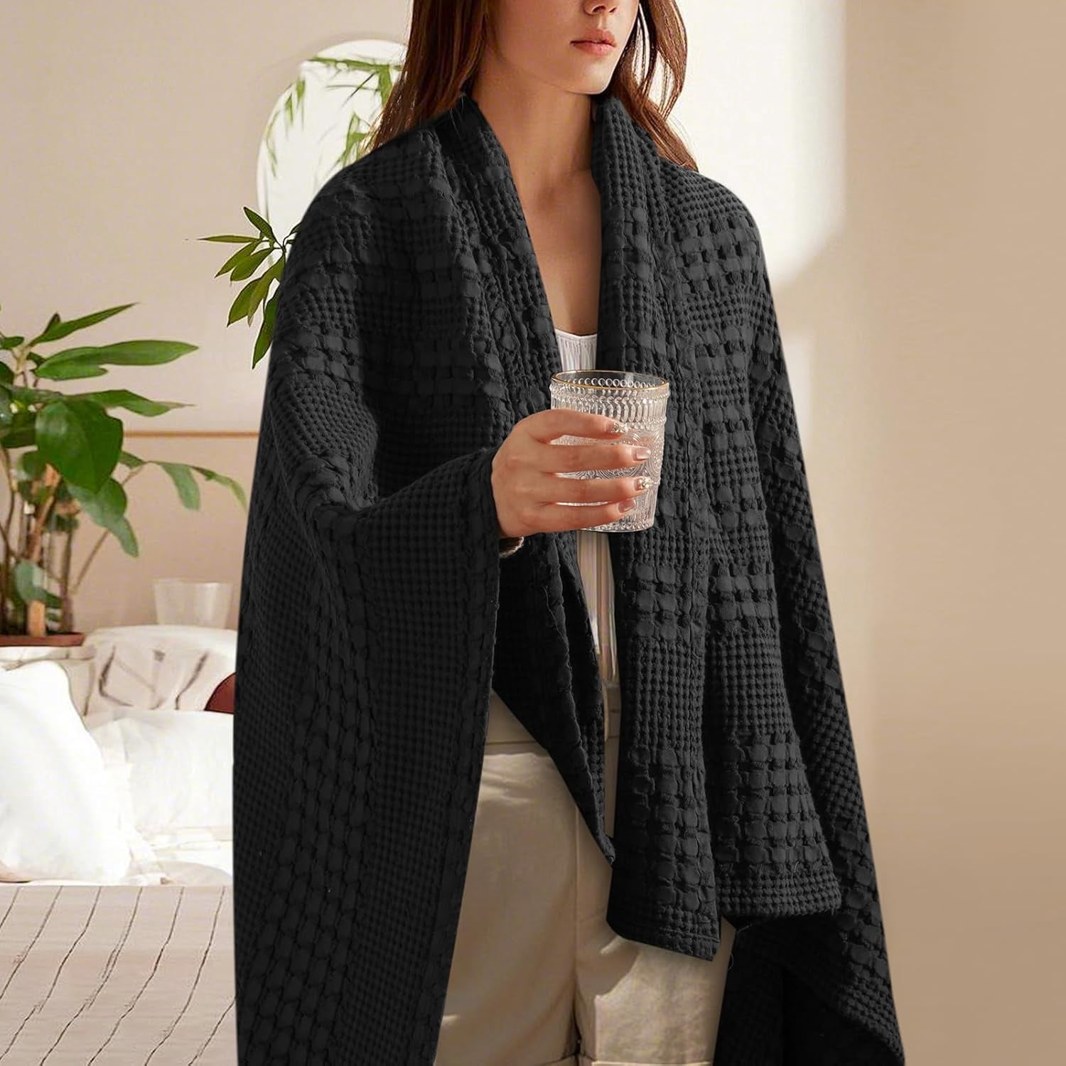 PHF 100% Cotton Waffle Weave Blanket, Lightweight Throw Washed Blanket for Bed Sofa Home Decor, Black, 50"x60"