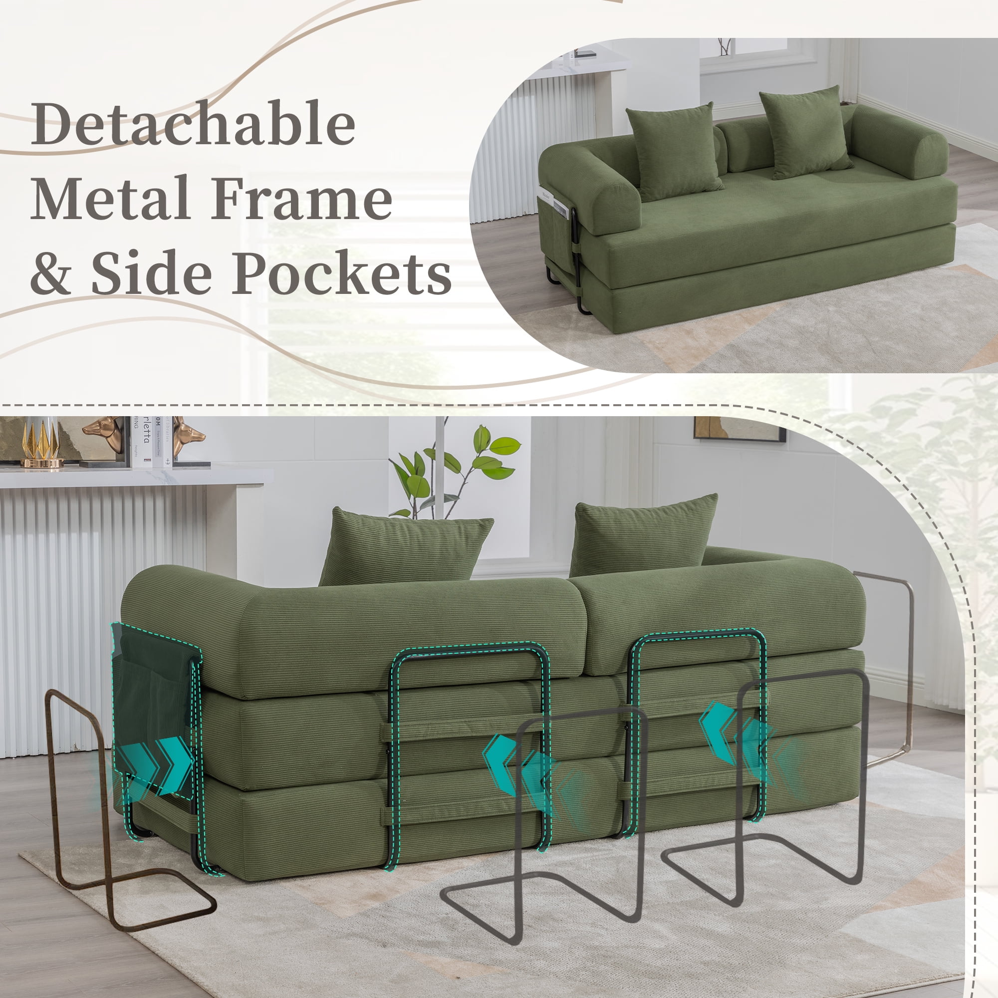MOONMISS Corduroy Upholstered Modern Comfort Foldable Compressible Sofa Bed with Sturdy Metal Frame-Olive Green