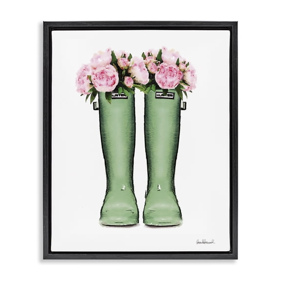 Stupell Industries Country Boots with Peonies Floral Painting Black Floater Framed Canvas Art Print Wall Art, 17 x 21