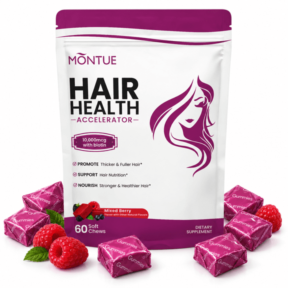 Montue Hair Growth Support Soft Chews – with Biotin & Hair-Nourishing Nutrients for Thicker, Fuller Hair, Mixed Berry, 60 Soft Chews
