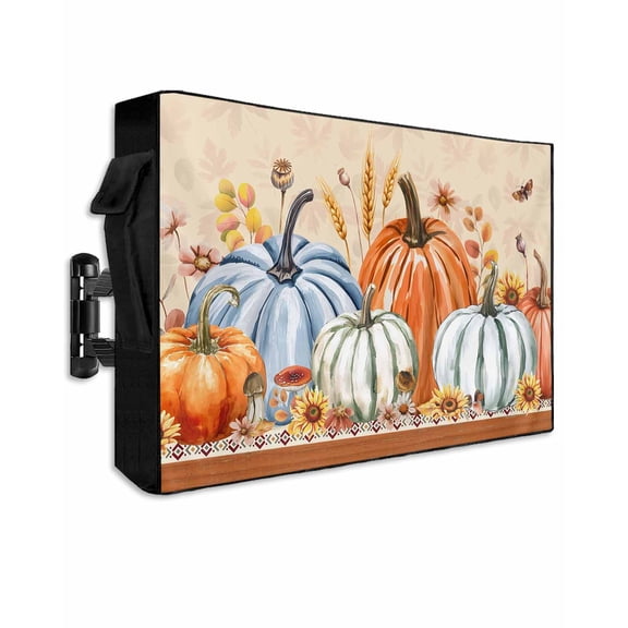 Outdoor TV Cover 40 to 43 Inch Weatherproof, Boho Floral Fall Thanksgiving Waterproof TV Screen Protector for Outside Decor with Zipper and Pocket 40"L x 25"H , Orange Green Blue Pumpkins