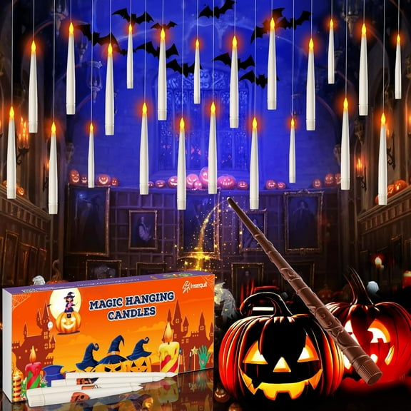 Halloween Decorations, 20pcs Floating Candles with Wand Remote, Flickering Warmer Light Flameless Candles, Magic Hanging Candles with DIY Sticker, Halloween Decorations Decor Indoor Outdoor Party