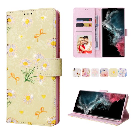 SaniMore for Samsung Galaxy Galaxy S23 Ultra PU Leather Case with Luxury Flower for Girls Women Stand Feature Card/Cash Slots Detachable Strap Magnetic Clasp All-inclusive Case, Daisy
