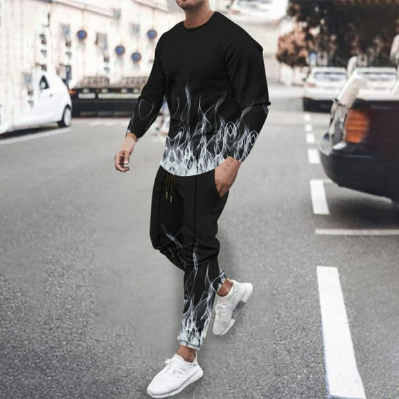 cllios Sales Today Clearance Mens Tracksuits 2 Piece Sports Outfit Flame Print Sweatshirt Trousers Pant Jogging Suits for Men Long Sleeve Crewneck Pullover Sweatsuits White 3XL