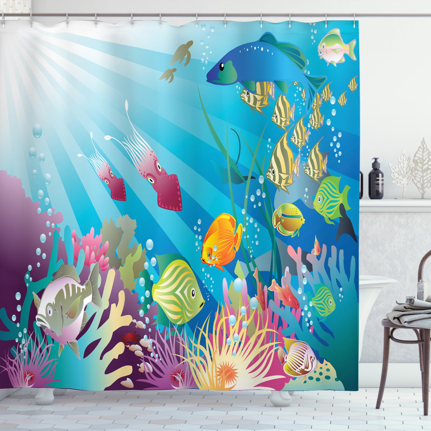 Waterproof 180CM Shower Curtain Set Bathroom Fabric Panel Undersea Mermaid 