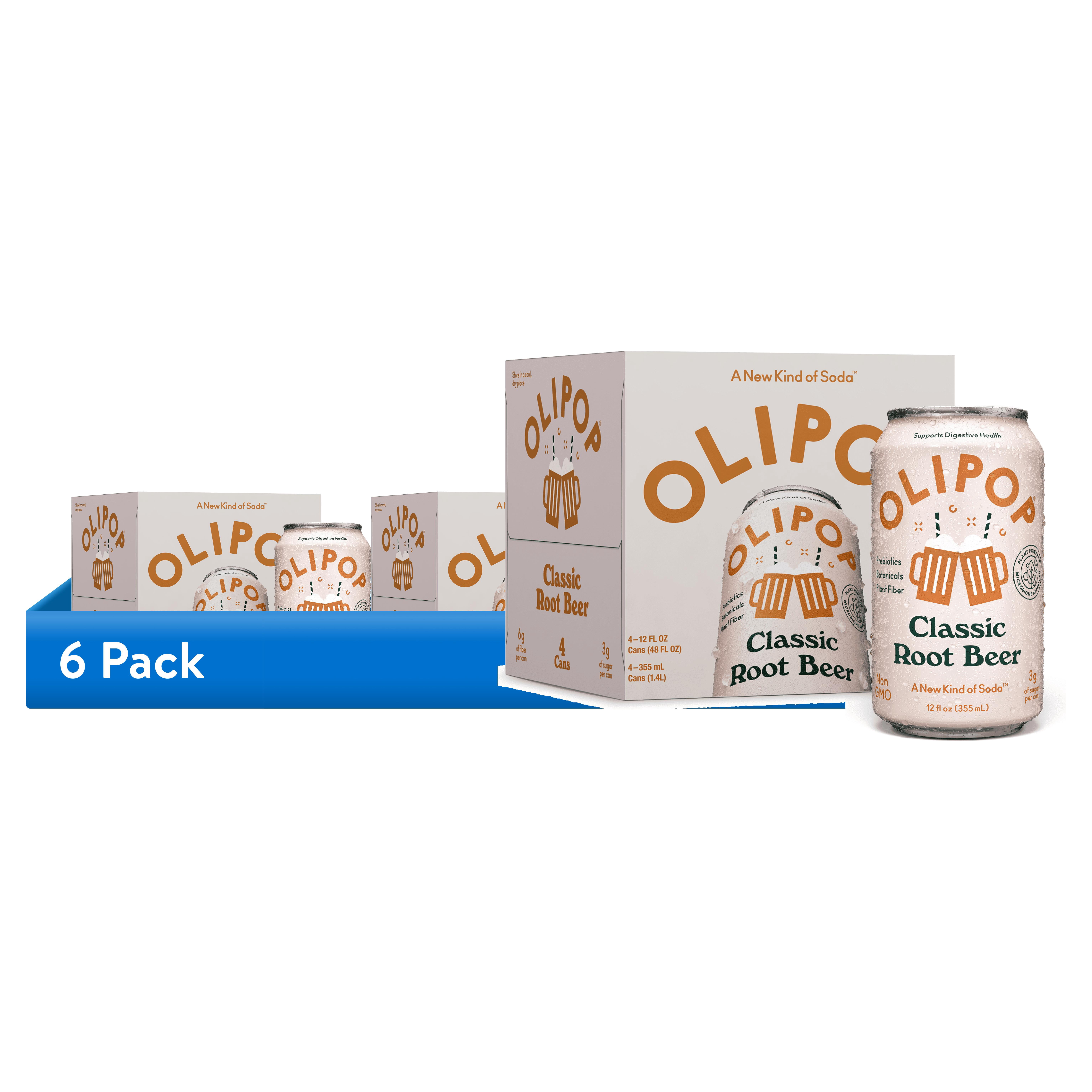 (6 pack) OLIPOP Prebiotic Soda, Classic Root Beer, 12 fl oz, 4 Pack, Pantry Packs (24 Total Cans)