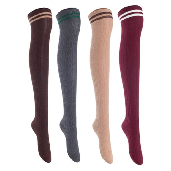 Lian Lifestyle Women's 4 Pairs Incredible Durable Super Soft Unique Over Knee High Thigh High Cotton Socks, Size US 6-9, JMYP1023 Coffee, Dark Gray, Khaki, Wine