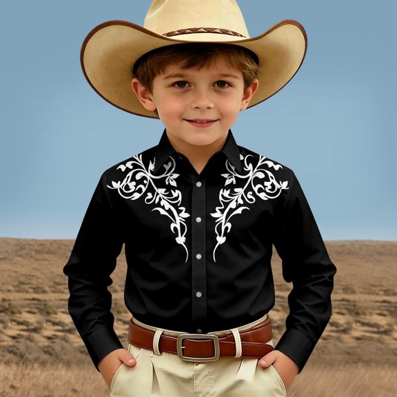 SOFTCCLO Boys Shirts Long Sleeve Lapel Collar Button Down Tops Retro Western Cowboy Print Stylish Breathable Casual Kids Shirts Size 12-13Y