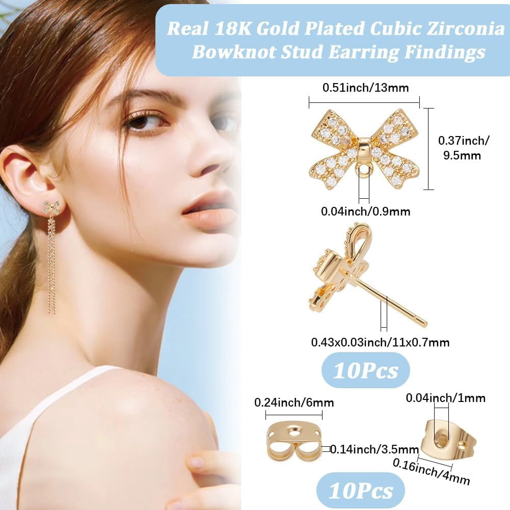 5Pairs Brass Clear Cubic Zirconia Stud Earring Findings with Loop Bowknot 10Pcs Brass Friction Ear Nuts Real 18K Gold Plated 9.5x13mm Hole: 0.9mm Pin: 11x0.7mm