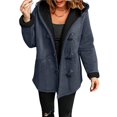 thumbnail image 3 of Women's Fleece Collar Long Sleeve Hooded Button-Down Jacket with Pockets Navy Blue XL, 3 of 8
