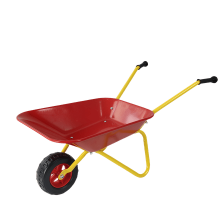 Durable Red Steel Toy Wheelbarrow for Yard Play - Heavy-Duty Metal Garden Cart for Hauling Leaves, Soil, Sand, 30" L x 18" W x 15" H