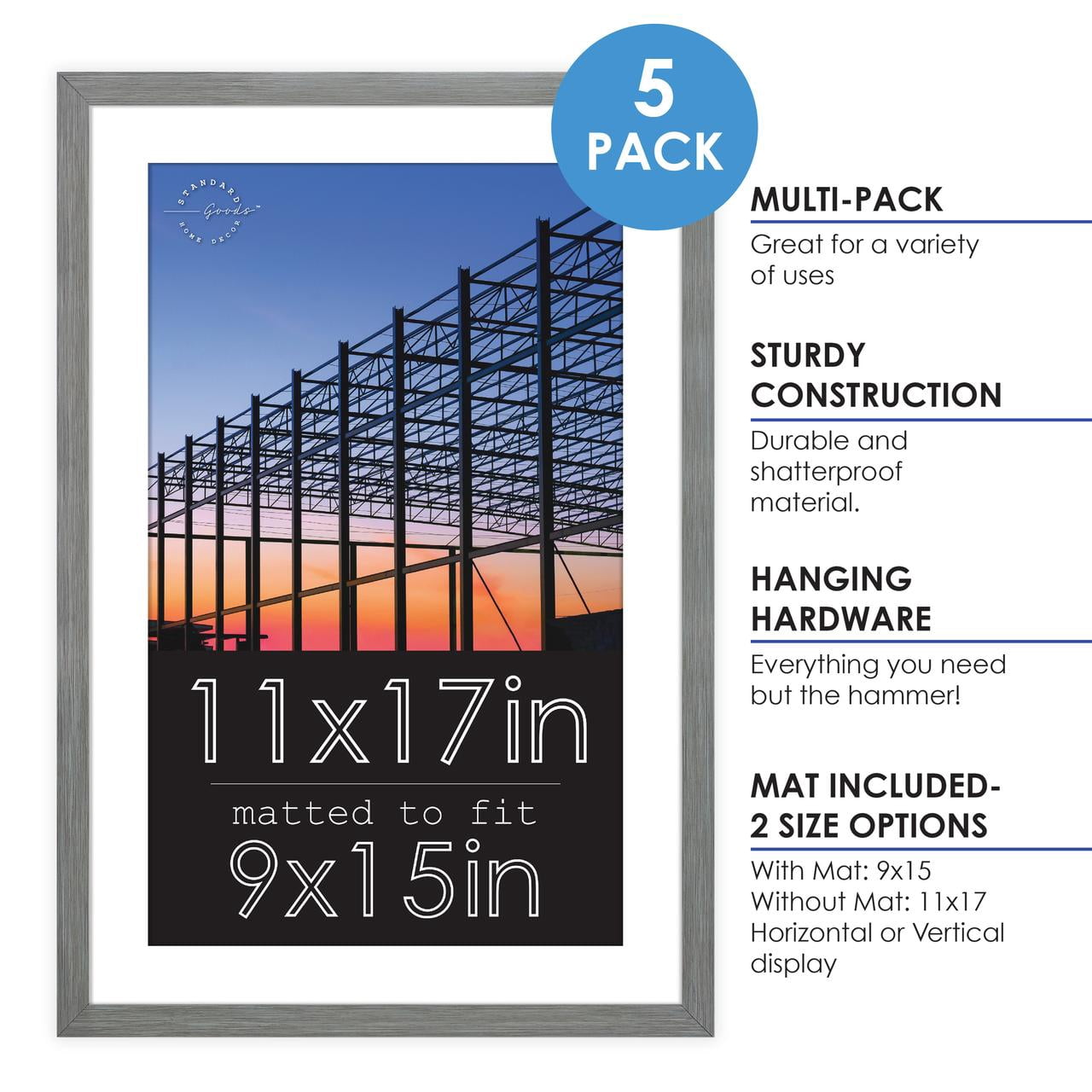 Standard Goods Home Décor 11x17 Matted to 9x15 Grey Linear Picture Frame, 5-Pack for Wall Display.