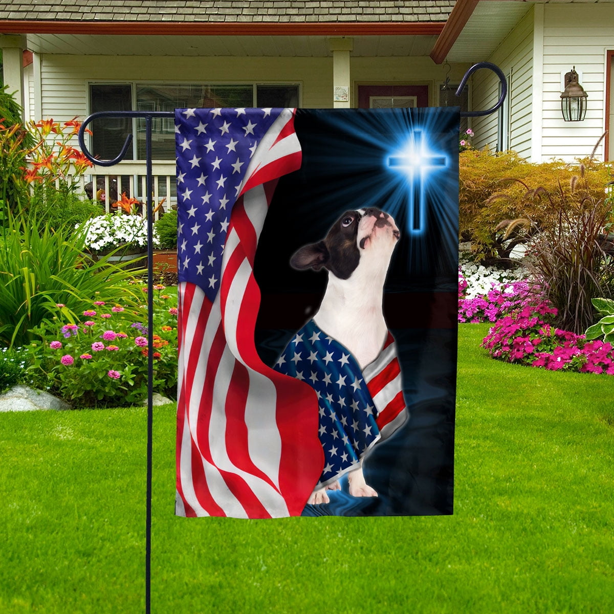 Flag Boston Terrier Dog Wearing Flag American Patriot Proud Standing Under The Cross Christian House Flag, Double-Sided Decorative Outdoor Flag, Patriotic Polyester Yard Flag 29.5 x 39.5 in