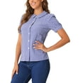 thumbnail image 4 of Camisa de cuadros para mujer INSPIRE CHIC con cuello Peter Pan, mangas cortas abullonadas, blusa de botones a cuadros, talla M azul, 4 of 6