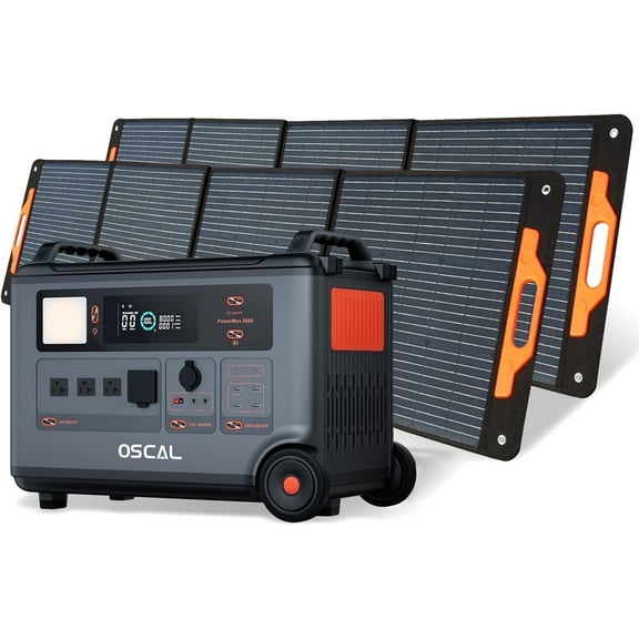 OSCAL Portable Power Station with 2x200W Solar Panel, 3600Wh (Surge 6000W) LiFePO4 Expandable Solar Generator, with 4xAC for Home Emergency Camping