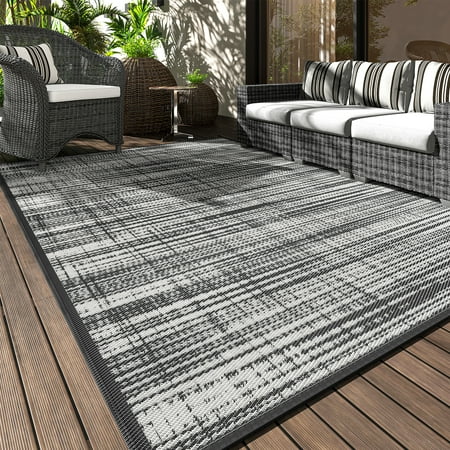 VUNATE Outdoor Rug Carpet 5 x8  Waterproof Reversible Patio Rug Portable Modern Abstract Indoor Outdoor Rug Plastic Straw Rug for RV Camping Garden Picnic Deck Backyard Porch Decor Gray and White