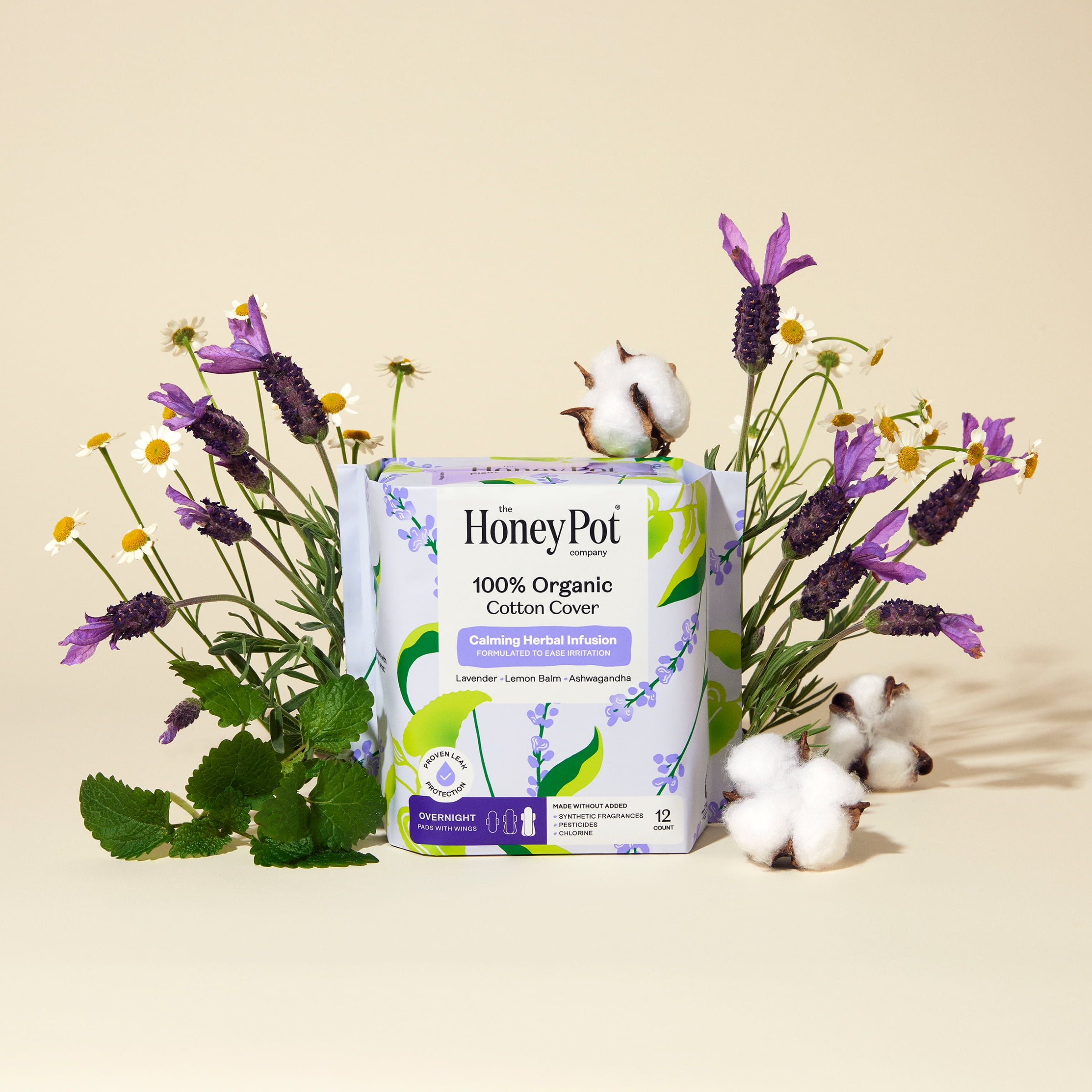 Honey Pot 100% Organic Cotton Cover Calming Herbal Infusion Overnight Pads, 12 Count