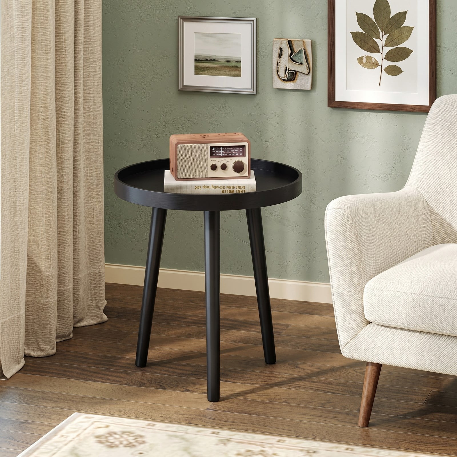 Furnibear Mid Century Modern Round Side Table, Small Sofa End Coffee Table with Bamboo Legs & Wooden Tray Top for Living Room Bedroom Small Spaces, Nightstand, Black
