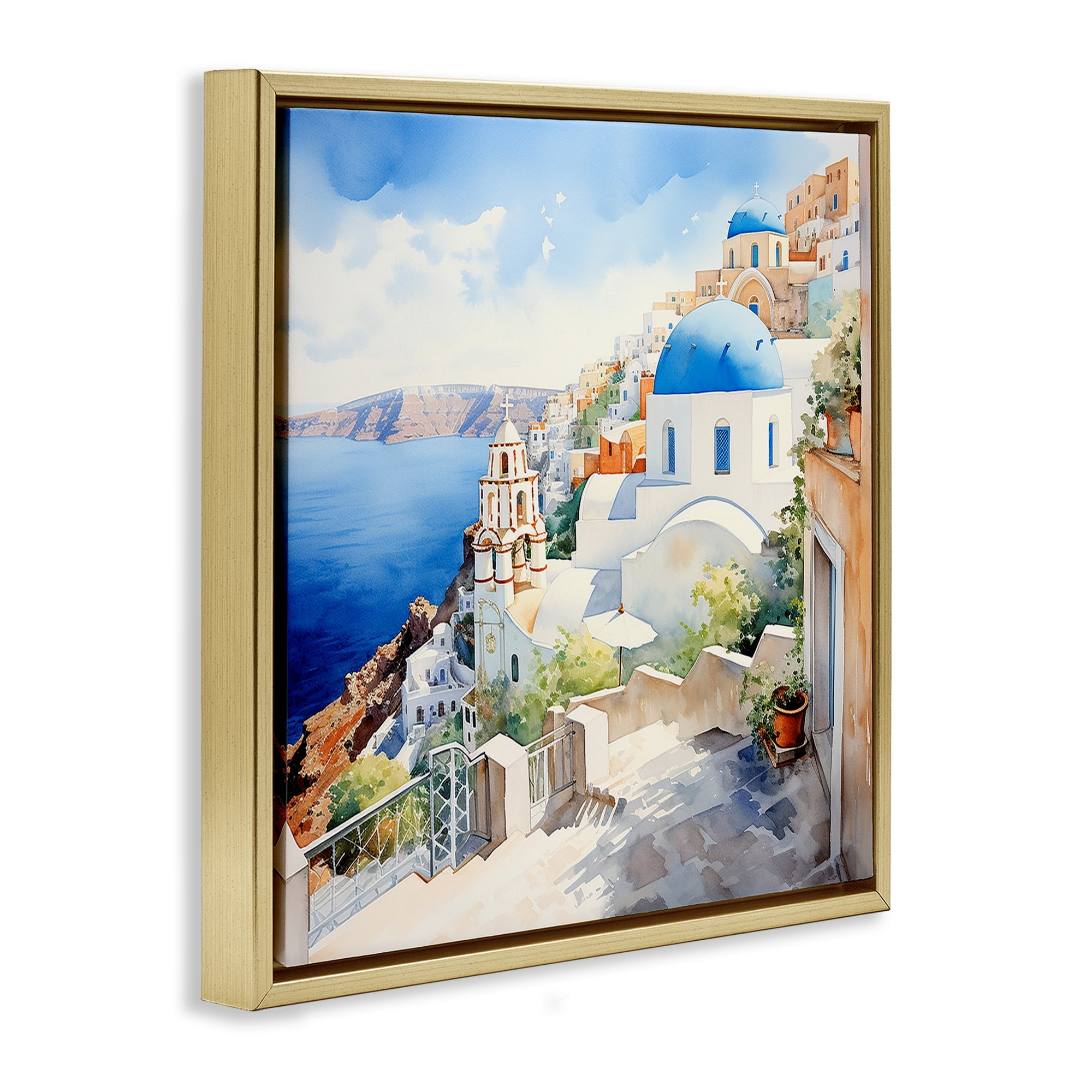 Stupell Industries Santorini City Landscape Travel & Places Painting Gold Floater Framed Canvas Art Print Wall Art, 18 x 18