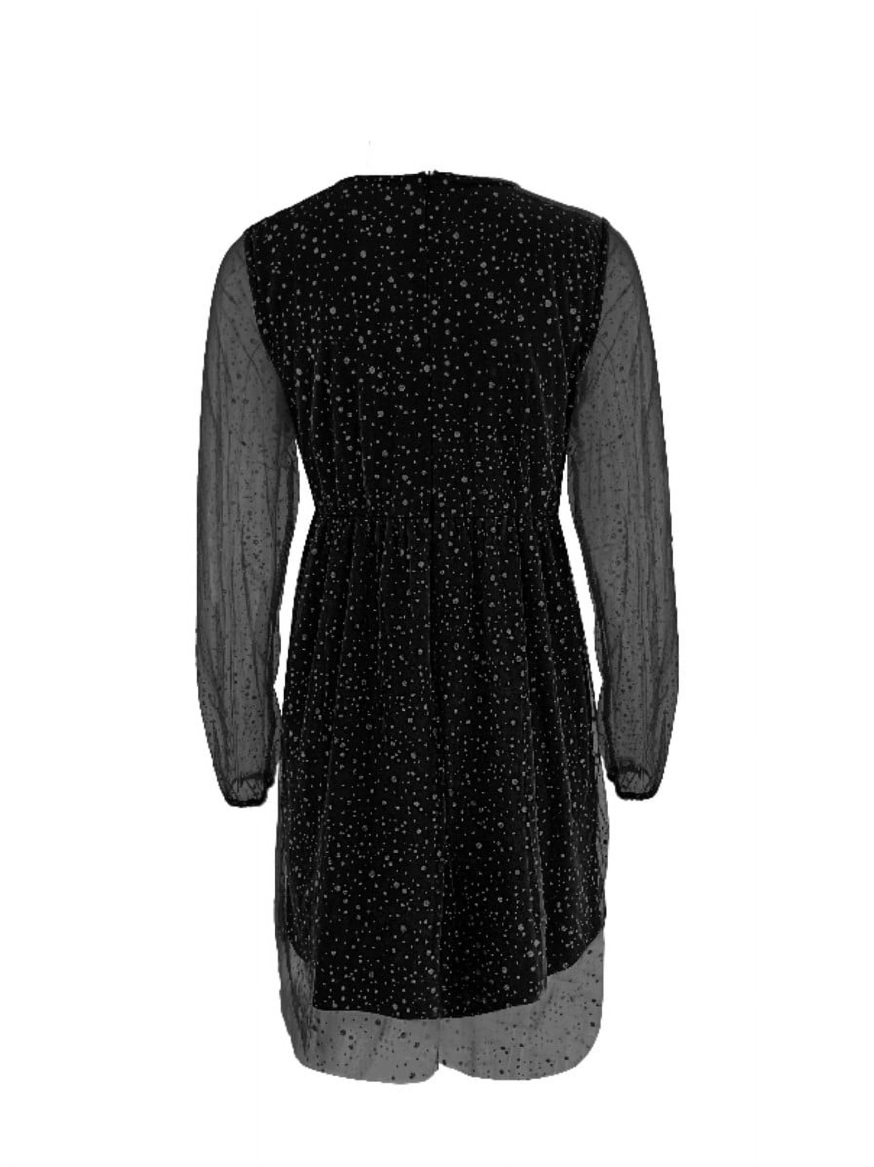 Women's Sequins Mini Dress Lantern Long Sleeve V Neck Mesh Splicing Glitter Cocktail Party Dress Short Dance Dress