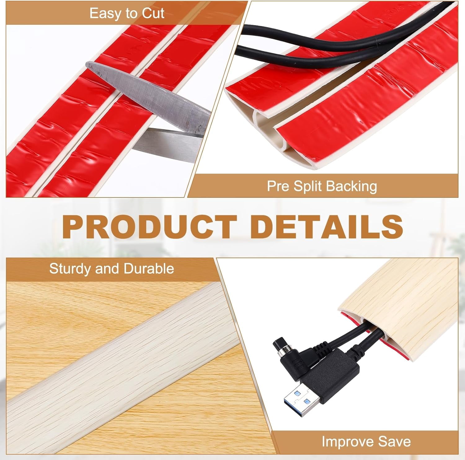 FEFEFW-Floor Cord Cover 8ft, Extension Cord Hider for Floor Cable Management Wire Covers Protector Prevent Cable Trips 0.47" W x 0.24" H, Beige