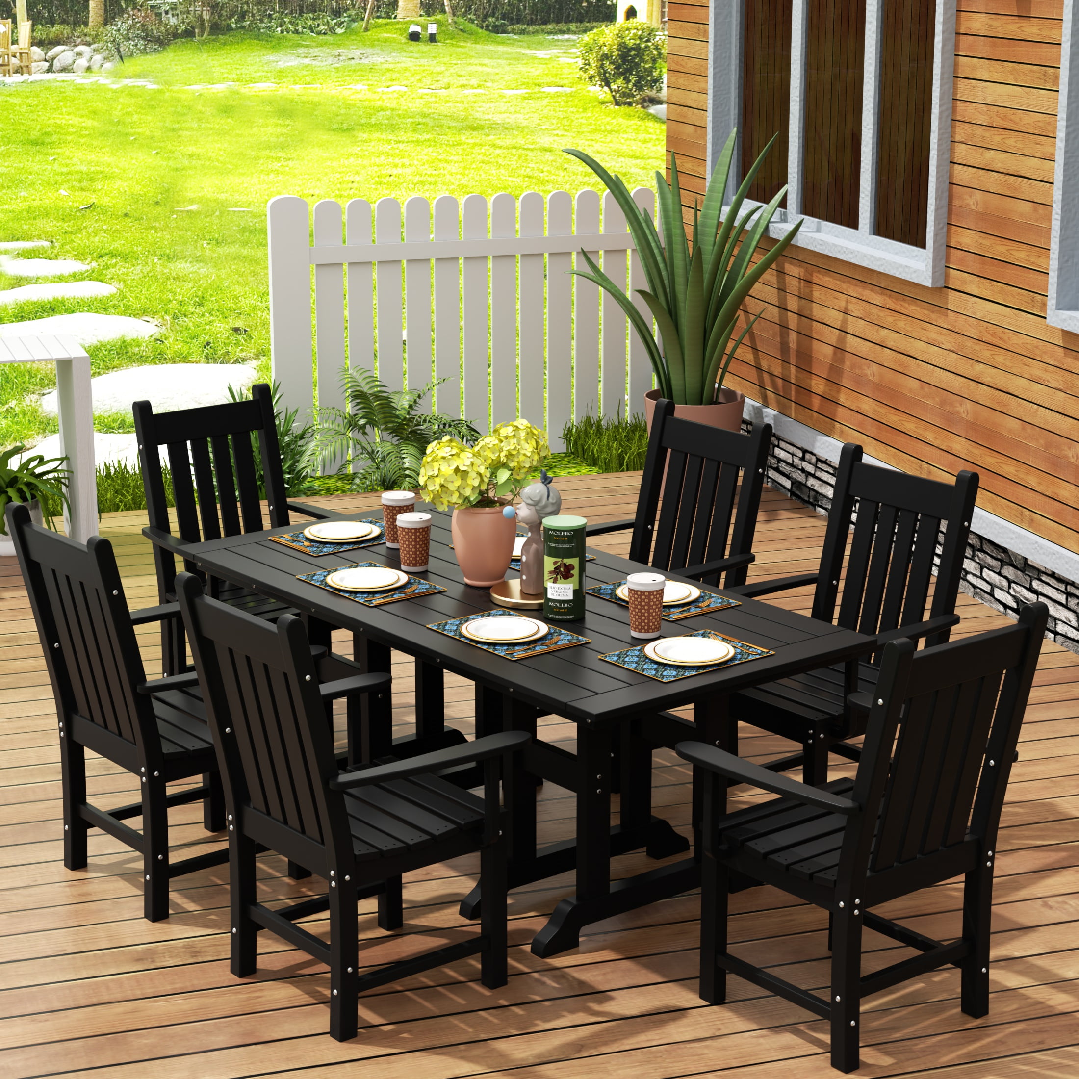 WestinTrends Malibu 7 Piece Outdoor Dining Set, All Weather Poly Lumber Patio Table and Chairs Furniture Set, 71" Trestle Dining Table with Umbrella Hole and 6 Arm Chairs, Black
