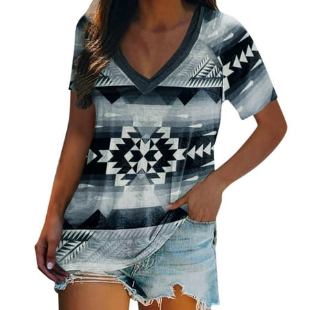 

Women Summer Casual V Neck Short Sleeve T Shirt Western Aztec Ethnic Diamond Print Tops Womens Tee Shirts Women Loose Tops Summer Tech Shirt Casual Tops Women Summer under Scrub Women Long Sleeve