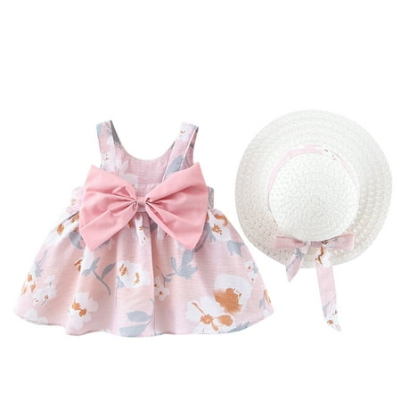 

ZMHEGW Toddler Baby Girls Summer Princess Dresses Vacation Beach Sleeveless Hat Set Ruffles Bow Floral Dress 0-3Y Casual Fashion Clothing