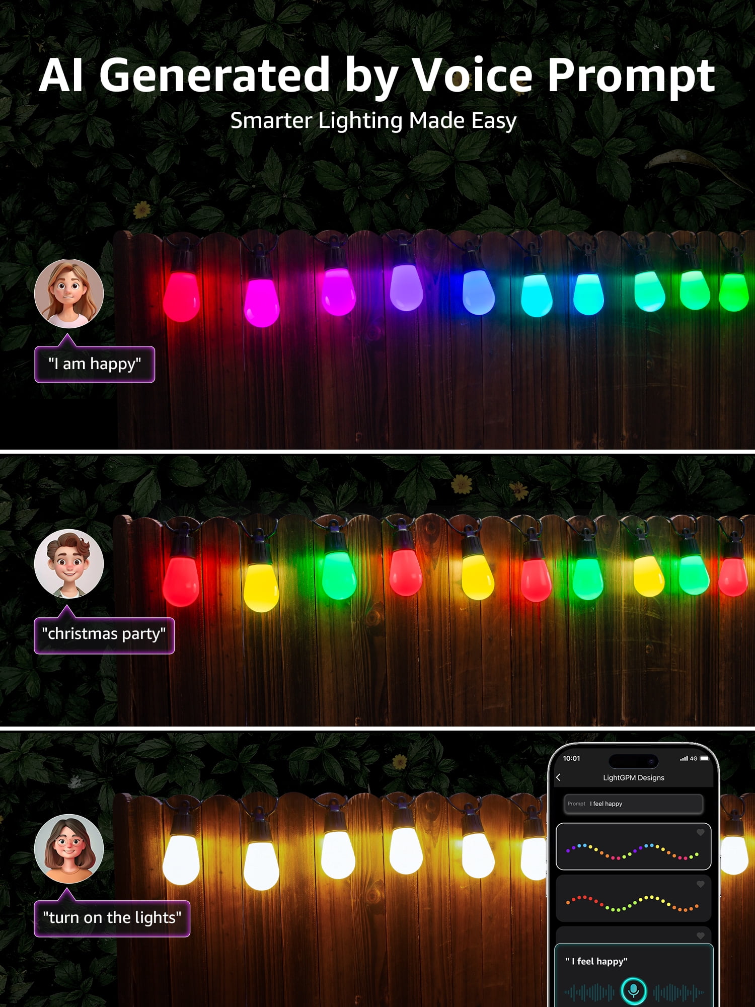 Lepro ZB1 AI Smart Outdoor String Lights ZB1, 54(42+12)ft RGB+IC Warm White 15 LED Bulbs, Alexa Google Enabled, LightBeats Music Sync, AI Generated Lighting LLM, 2.4 GHz WiFi/Bluetooth