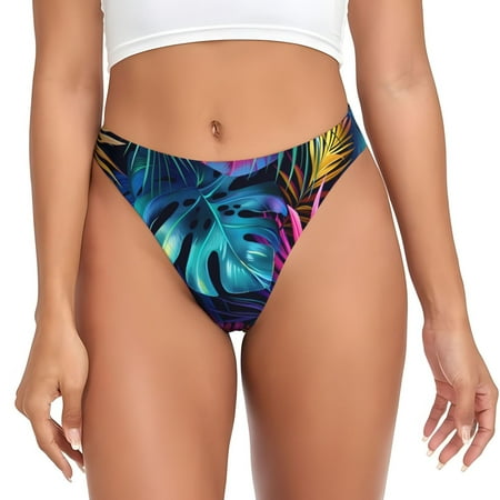 Qokaie Colorful Tropical Leaves Printed Women s Cotton Thong Underwear  Sexy Breathable Panties G-string-Small