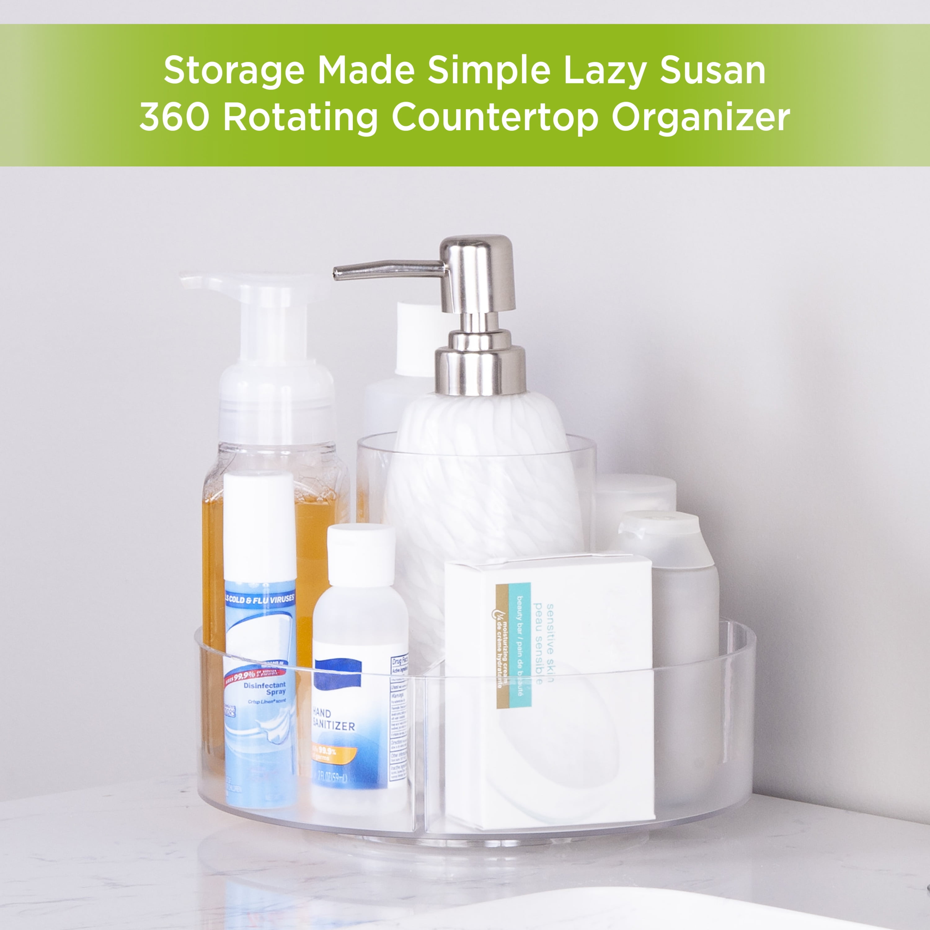 Kenney Storage Made Simple Lazy Susan 360 Rotating Countertop Organizer, 5 Compartment, Set of 2, Clear