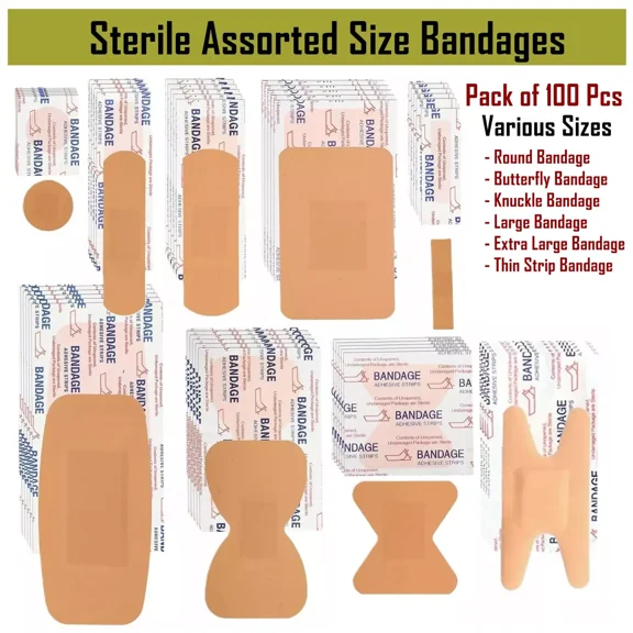 100 Sterile Assorted Size Bandages Band-aids First Aid Travel Pack