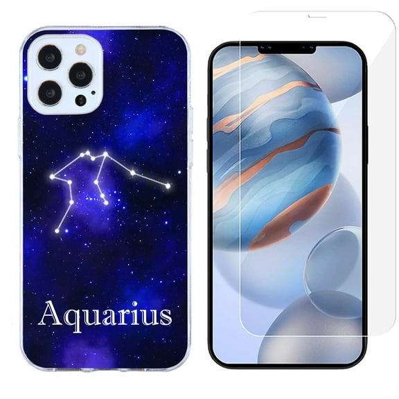 Slim-Fit Protective Phone Case compatible with iPhone 12 Pro Max, with Tempered Glass Screen Protector, by OneToughShield ® - Zodiac / Aquarius