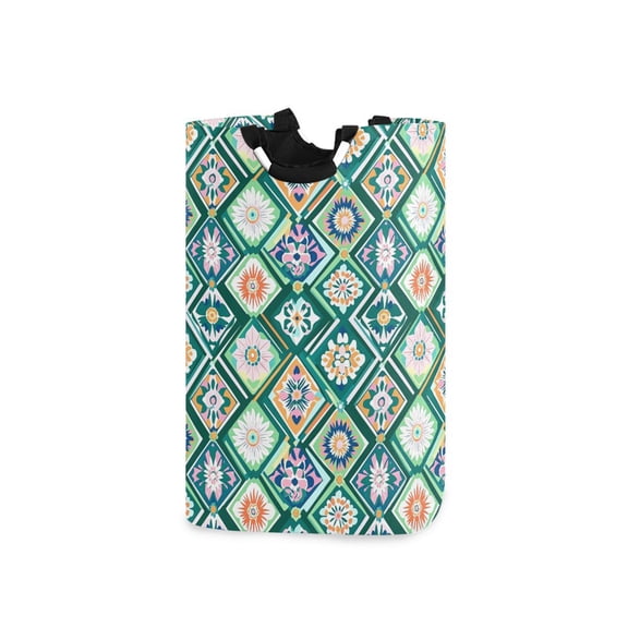 Yayeee Freestanding Laundry Hamper with Handle Collapsible Large Storage Basket for Clothes, Green Geometric Flowers