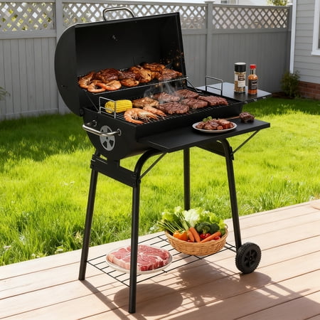 Barrel Charcoal Grill with Side & Front Table, 571 SQ In Cooking Space, Outdoor BBQ Smoker with Adjustable Fire Grate & Thermometer, Heavy Duty for Backyard Patio Parties, Black