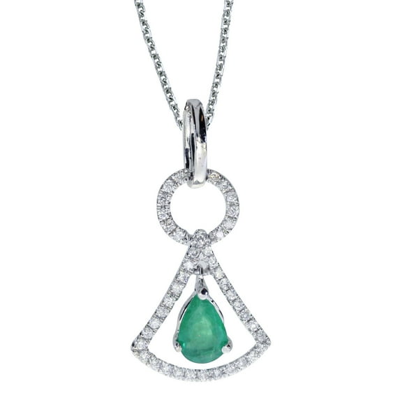 14k White Gold Emerald and .16 ct Diamond Pendant with 18" Chain