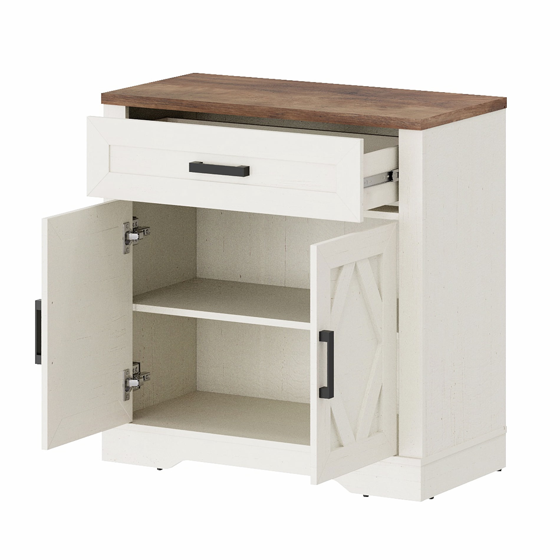 WAMPAT 31.5"W Farmhouse Buffet Sideboard with Barn Doors, Drawer & Storage, White