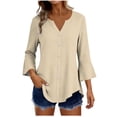 thumbnail image 1 of Craaazy Women's Relaxed Fit V Neck Blouse, Solid Color 3/4 Sleeve Flare Cuff Top, Loose Comfy Button Accent Casual Tee for Spring & Summer Gifts, 1 of 7