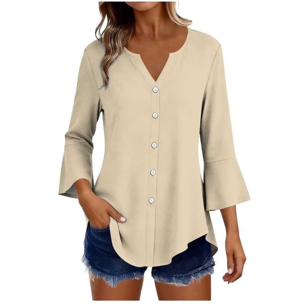 Craaazy Women's Relaxed Fit V Neck Blouse, Solid Color 3/4 Sleeve Flare Cuff Top, Loose Comfy Button Accent Casual Tee for Spring & Summer Gifts