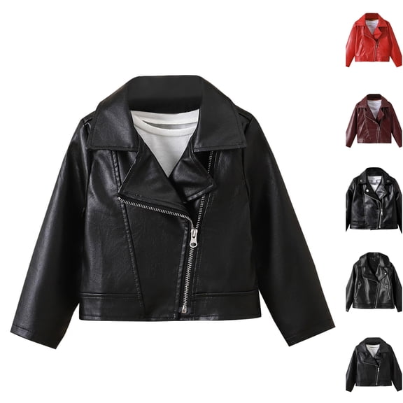 Husipze Girls Boys Faux Leather Moto Jacket Long Sleeve Lapel Collar Zip Up Biker Coat Casual Fasion Outerwear Black 2-3 Years