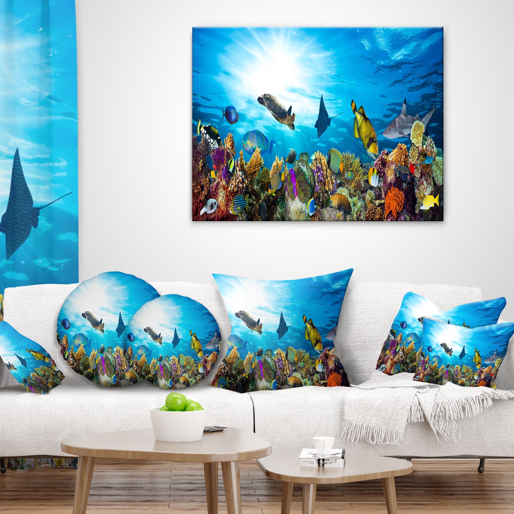 Designart Colorful Coral Reef with Fishes - Seascape Throw Pillow - 18x18