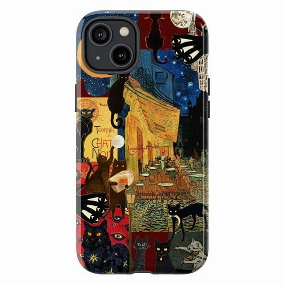 Vintage Black Cat Art Collage Phone Case, Van Gogh Café Terrace & Chat Noir Design Cover for iPhone 17 16 15 14 13 12 11 Plus Pro Max Mini