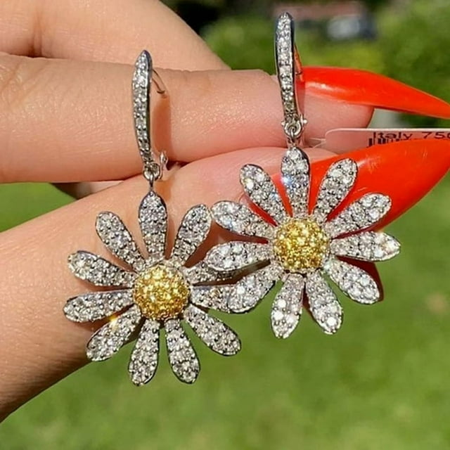 Exquisite Silver Daisy Flower Sunflower Stud Earring Crystal Earring Fashion Sunflower Hoop Dangle Earrings for Wedding