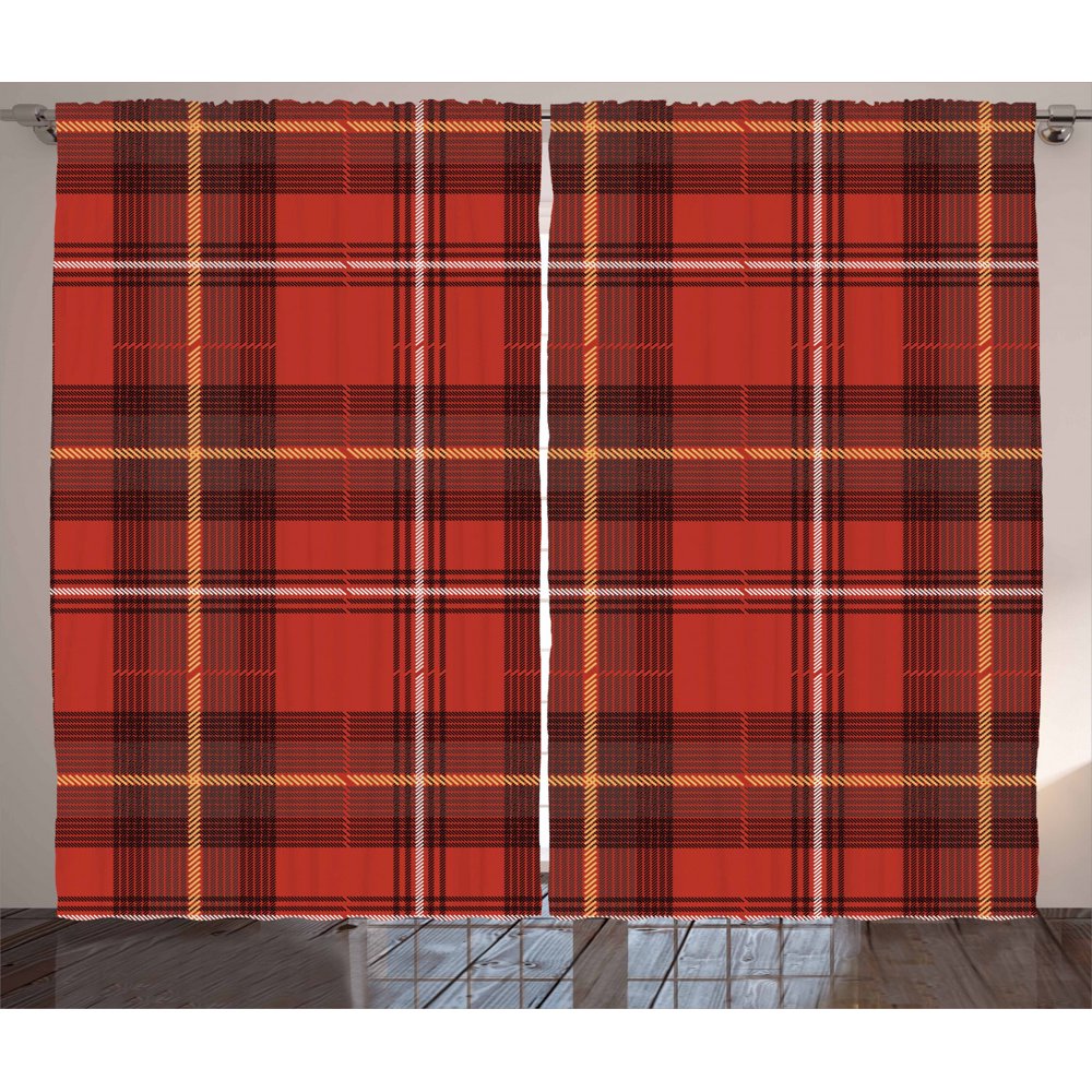Red Plaid Curtains 2 Panels Set, Traditional European Culture Inspired