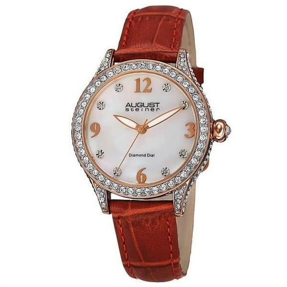 Women's AS8188RD Rose Gold Crystal Accented Quartz Watch with White Mother of Pearl Dial and Red Embossed Leather Bracelet
