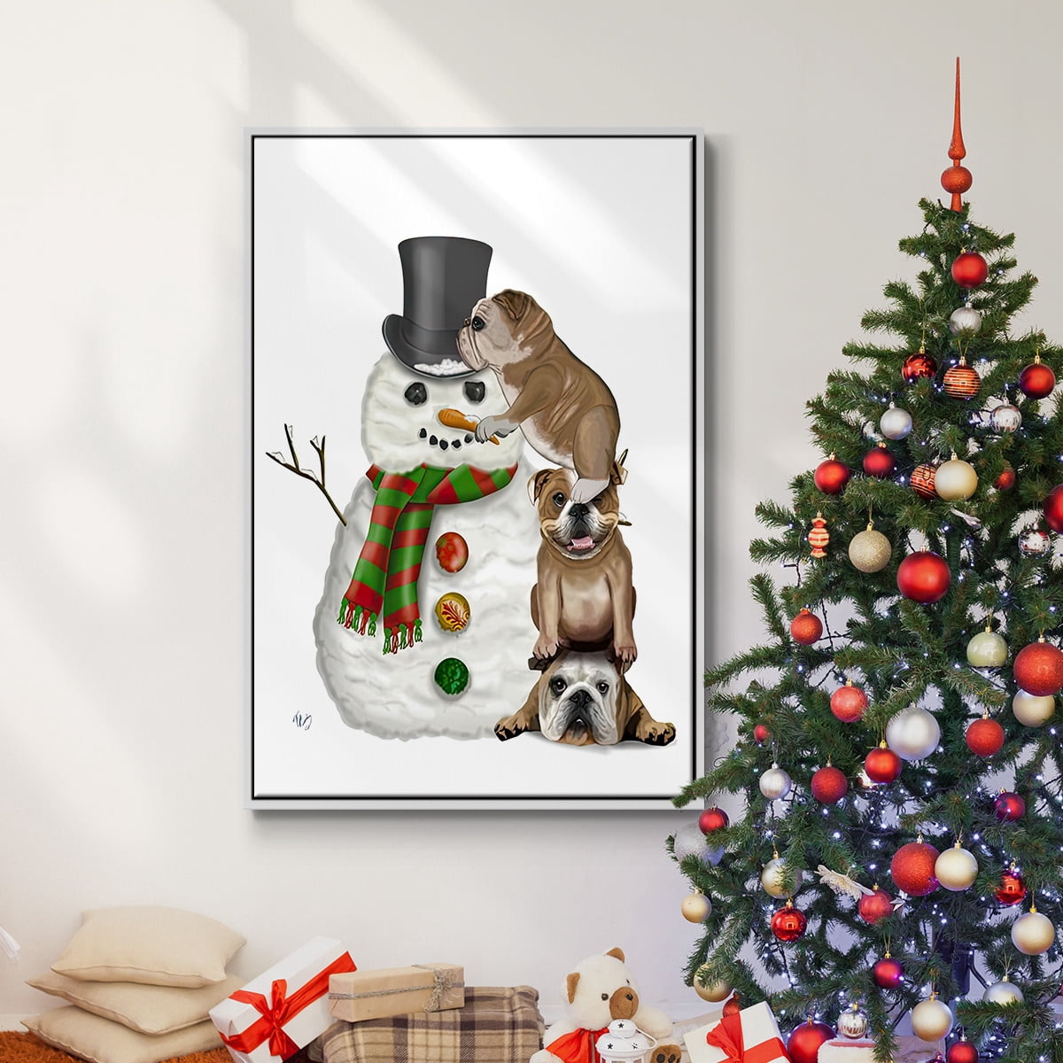Christmas English Bulldogs Building Snowman - Framed Gallery Wrapped Holiday Canvas - 17 x 25 - White Frame